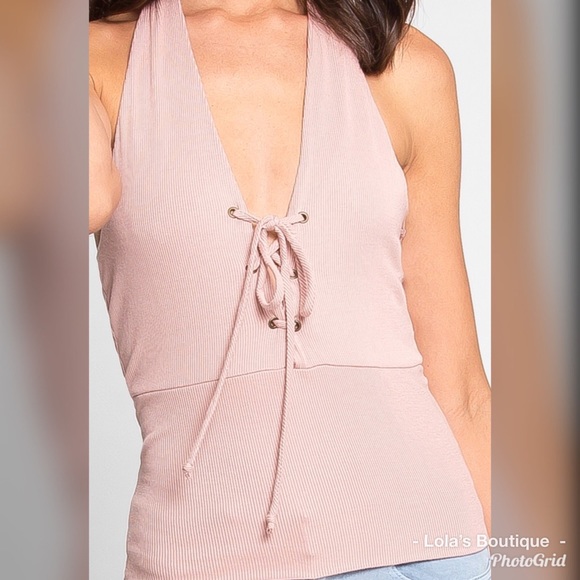Light Pink Ribbed Halter Top - Picture 2 of 5